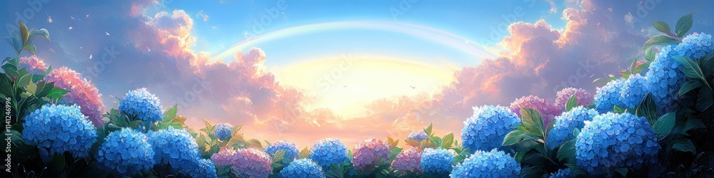 Rainbow Over Blue Skies and Blooming Hydrangeas Landscape