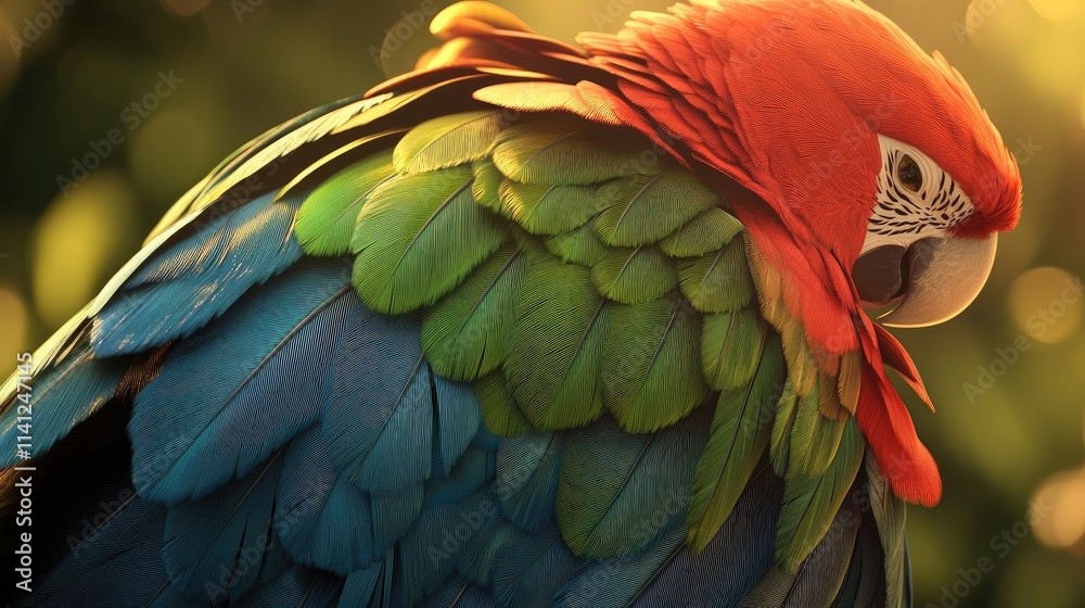 Fototapeta premium A close-up of a colorful parrotas feathers showcasing a vibrant mix of green, red, and blue.