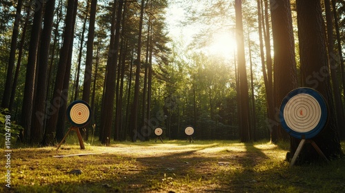 A scenic archery range set in a sunlit forest clearing, Targets placed among tall trees, Natural outdoor style photo