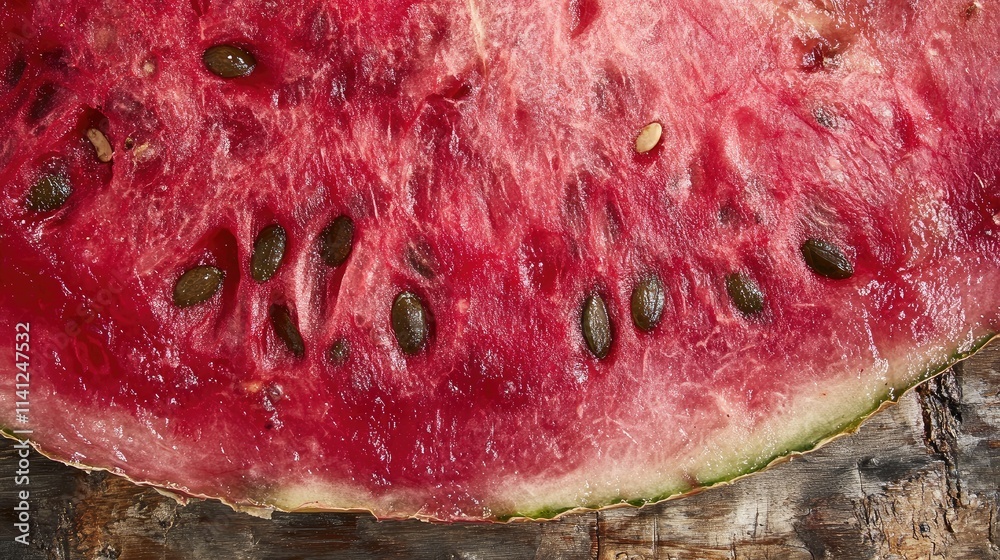 A close-up of a pink watermelon slice with seeds, resting on a rustic wooden board. A close-up of a pink watermelon slice with seeds, resting on a rustic wooden board.