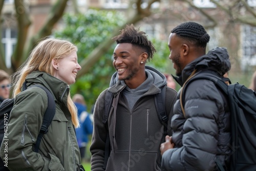 Cheerful young multiethnic students having fun together in the park