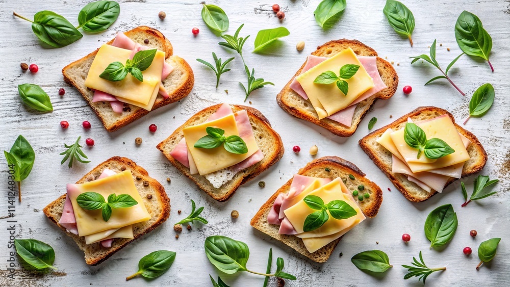 Overhead view of five savory cheese and ham open-faced sandwiches garnished with fresh basil leaves and peppercorns on a rustic white surface. Overhead view of five savory cheese and ham open-faced sandwiches garnished with fresh basil leaves and peppercorns on a rustic white surface.