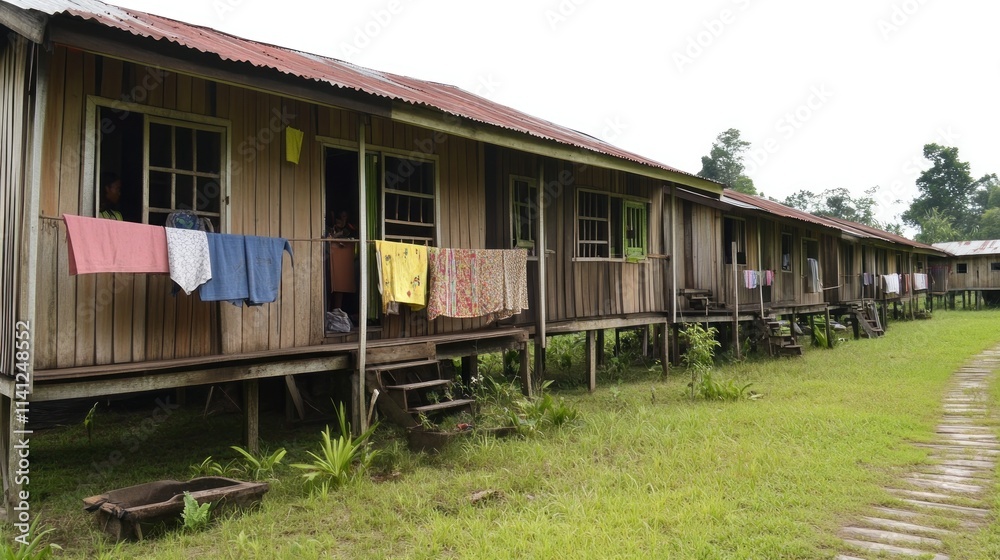 Wooden Stilt Houses Line Rural Village Path Wooden Stilt Houses Line Rural Village Path