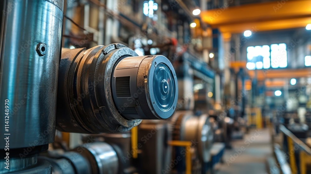 A rugged weatherresistant sensor positioned on the side of a large manufacturing machine capturing data on vibrations and sound levels highlighted by the backdrop of metal and machinery.