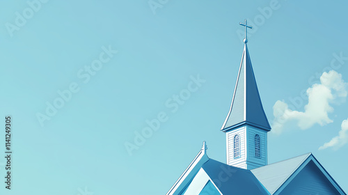 Blue church steeple against a clear sky, serene and peaceful religious landmark. Spire. Illustration photo