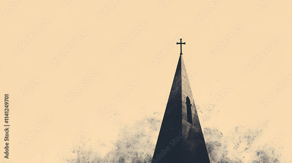 Fototapeta premium Church spire reaching skyward biblical illustration beige background christian aspiration and faith copyspace. Spire. Illustration
