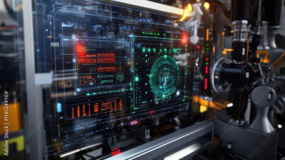 A detailed image of interconnected sensors on a factory machine with blinking lights indicating data collection and overlay graphics showcasing simulated performance metrics. A detailed image of interconnected sensors on a factory machine with blinking lights indicating data collection and overlay graphics showcasing simulated performance metrics.