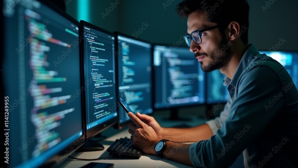 The image shows a young man sitting at a desk in front of multiple computer monitors. He is wearing a blue shirt and glasses and is looking intently at his phone. The image shows a young man sitting at a desk in front of multiple computer monitors. He is wearing a blue shirt and glasses and is looking intently at his phone.
