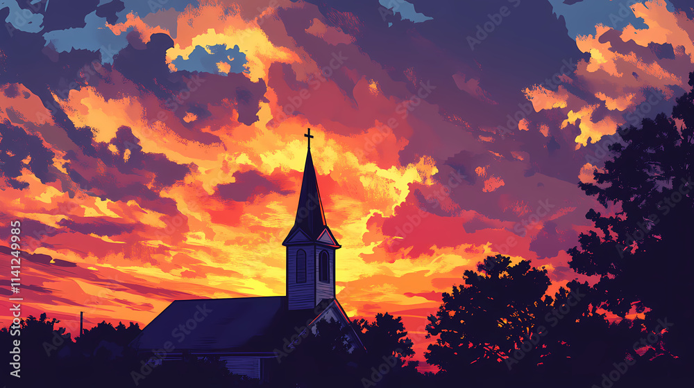 Obraz premium Church steeple at sunset. Spire. Illustration