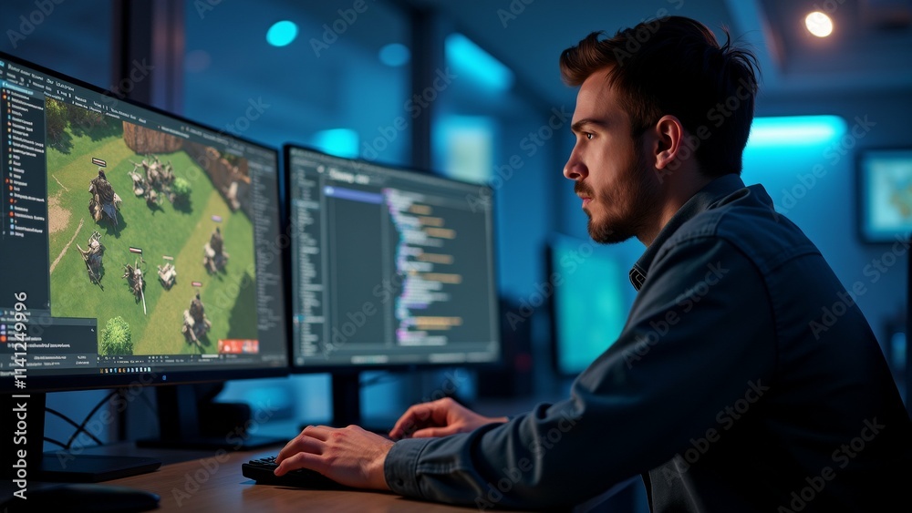 The image shows a young man sitting at a desk in front of two computer monitors. He is wearing a blue shirt and appears to be focused on the screen of one of the monitors. The image shows a young man sitting at a desk in front of two computer monitors. He is wearing a blue shirt and appears to be focused on the screen of one of the monitors.