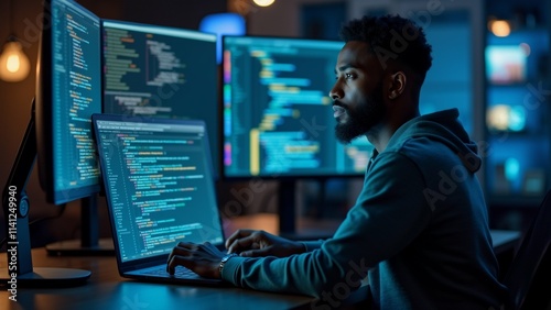 The image shows a young man sitting at a desk in front of two computer monitors. He is wearing a grey hoodie and has a beard.