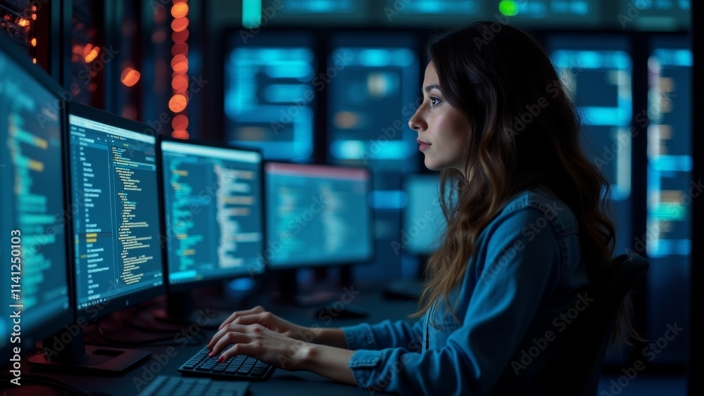 The image shows a young woman sitting at a desk in front of multiple computer monitors. She is wearing a denim jacket and has long dark hair. The image shows a young woman sitting at a desk in front of multiple computer monitors. She is wearing a denim jacket and has long dark hair.
