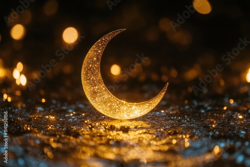 Glowing crescent moon on glitter. Festive, magical, night scene. photo