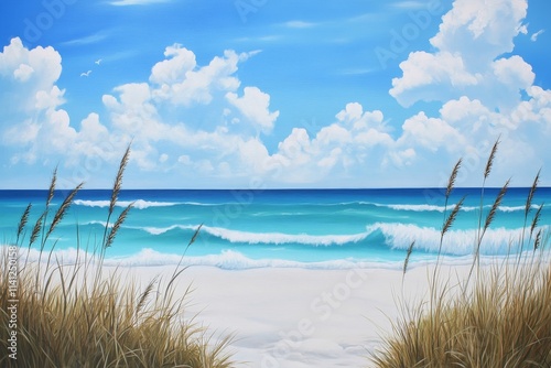 Tranquil Beach Scene with Gentle Waves, Blue Sky, and Fluffy Clouds Under Bright Sunlight, Surrounded by Grassy Dunes and Calm Ocean Vibes for Relaxation and Peace