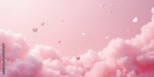Dreamy Pink Clouds with Floating Hearts in a Soft Sky, Romantic and Valentine's Day Background Concept