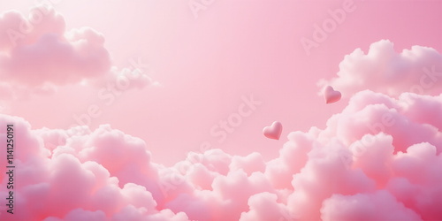 Dreamy Pink Clouds with Floating Hearts in a Soft Sky, Romantic and Valentine's Day Background Concept