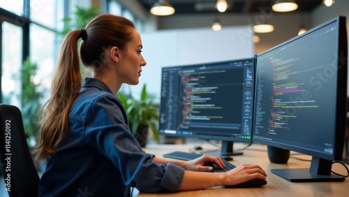 The image shows a young woman sitting at a desk in front of two computer monitors. She is wearing a blue shirt and has her hair tied back in a ponytail.
