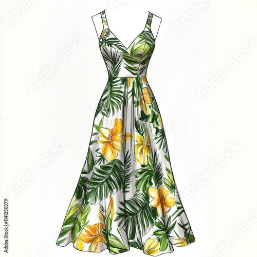 Elegant Floral Maxi Dress Design With Tropical Leaves
