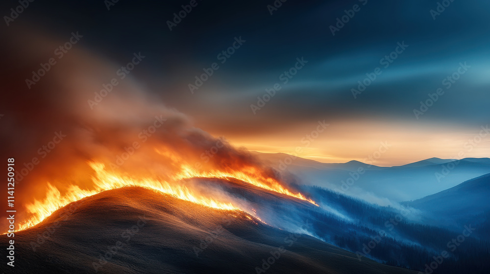 Naklejka premium dramatic scene of wildfire consuming hillside, showcasing intense flames and smoke against twilight sky