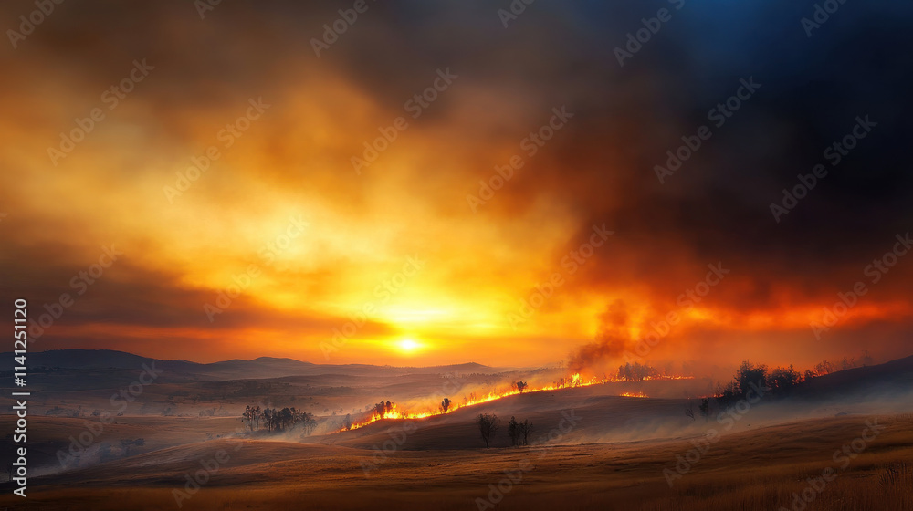 Dramatic sunset over landscape affected by wildfires, showcasing vibrant colors and smoke Dramatic sunset over landscape affected by wildfires, showcasing vibrant colors and smoke