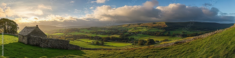 Naklejka premium panorama landscape with green grass and blue sky