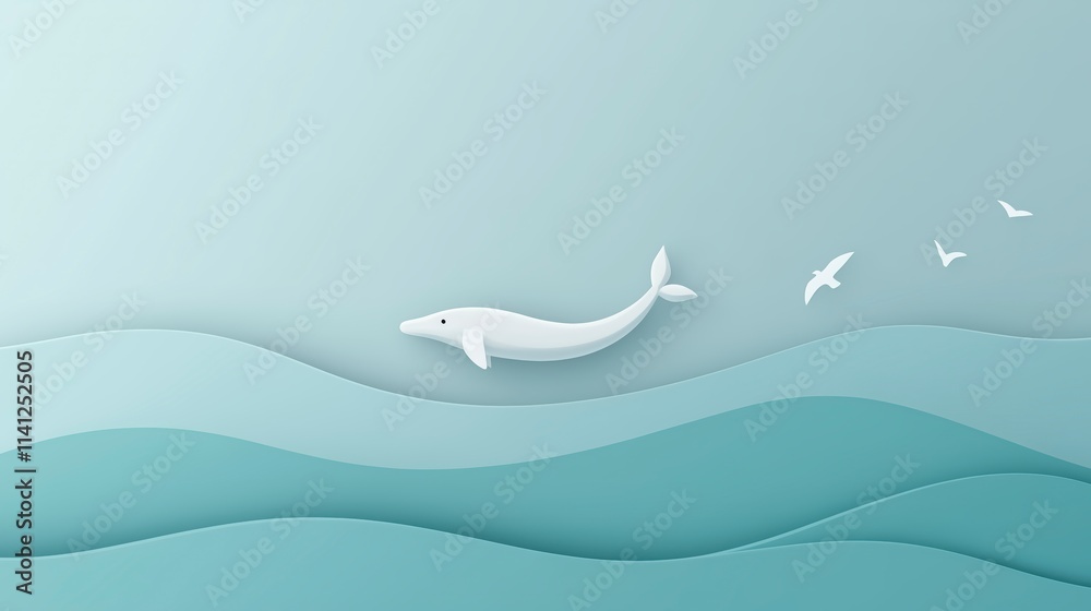 A serene scene featuring a white whale swimming amidst gentle blue waves and birds. A serene scene featuring a white whale swimming amidst gentle blue waves and birds.