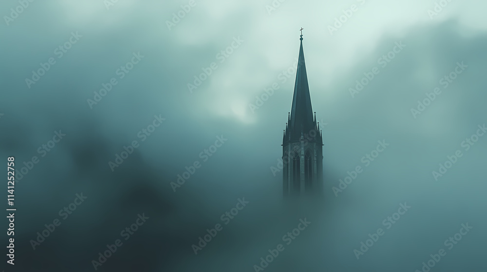 Fototapeta premium A tall church spire peeks through a thick layer of fog. Spire. Illustration