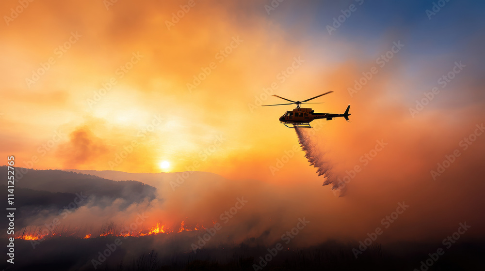 helicopter battles wildfire, silhouetted against fiery sky at sunset. scene captures urgency and bravery of firefighting efforts helicopter battles wildfire, silhouetted against fiery sky at sunset. scene captures urgency and bravery of firefighting efforts