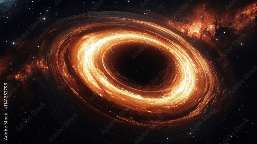 Cosmic Black Hole Surrounded by Fiery Rings in Surreal Style with Dramatic Lighting and Celestial Background