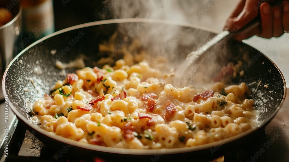 Stir-fried malaroni in a pan Stir-fried malaroni in a pan