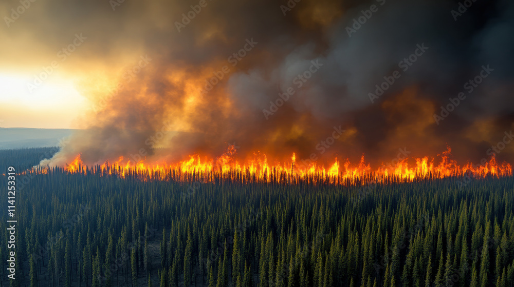 Fototapeta premium Aerial view of vast forest engulfed in flames, showcasing destructive power of wildfires. smoke billows ominously over landscape