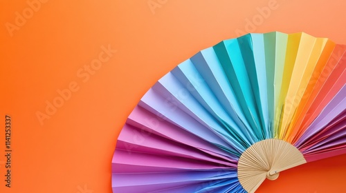 A rainbow-colored paper fan fanned out on a bright background.