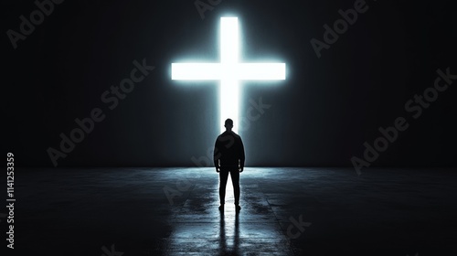 Christian standing in front of the cross of Jesus Christ with bright light shining on it, concept of faith and belief, grace and rebirth by the Holy Spirit photo