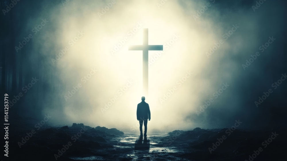 Naklejka premium Christian standing in front of the cross of Jesus Christ with bright light shining on it, concept of faith and belief, grace and rebirth by the Holy Spirit