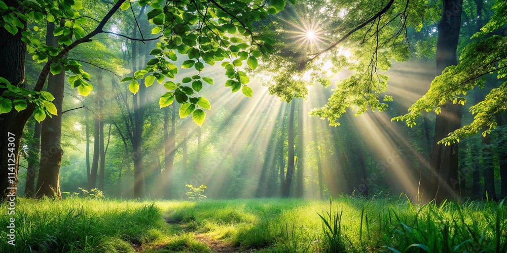 Sunbeams Illuminate a Serene Forest Meadow at Dawn Sunbeams Illuminate a Serene Forest Meadow at Dawn