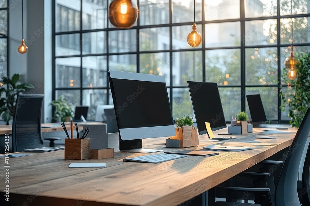Modern Workspace with Minimalist Design and Natural Light Featuring Wooden Table and Computers in Open Office
