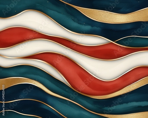 This image features a flowing abstract design with wavy lines in rich colors like navy, cream, and rust, accented by gold, creating a sense of movement and elegance.