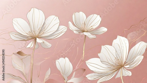 a minimalist line art featuring large white flowers with long stems and delivate petals. the background is a soft , neutral color with abstract shapes in a pink and gold photo