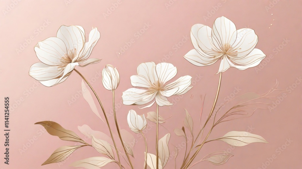 a minimalist line art featuring large white flowers with long stems and delivate petals. the background is a soft , neutral color with abstract shapes in a pink and gold a minimalist line art featuring large white flowers with long stems and delivate petals. the background is a soft , neutral color with abstract shapes in a pink and gold