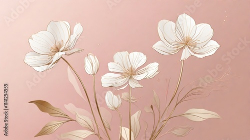 a minimalist line art featuring large white flowers with long stems and delivate petals. the background is a soft , neutral color with abstract shapes in a pink and gold