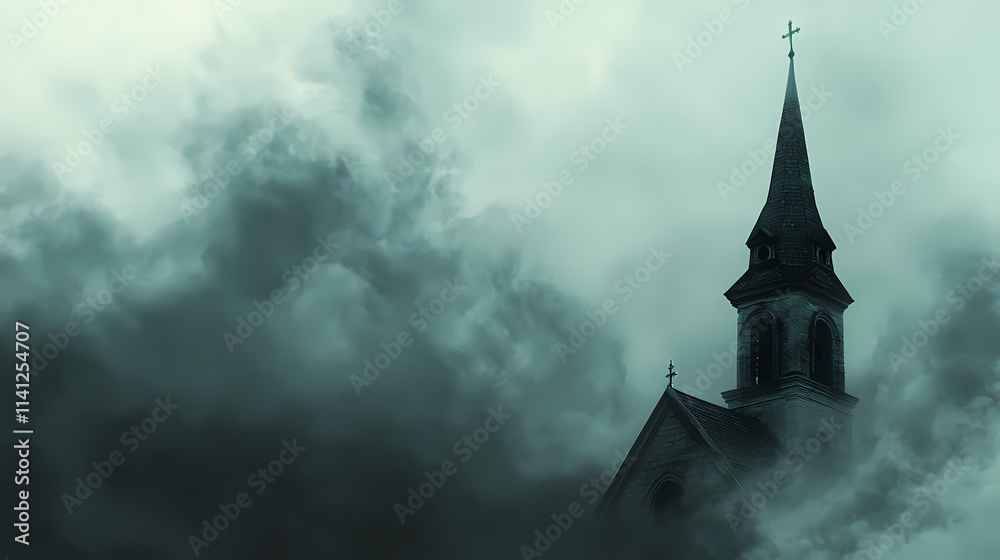 A church spire pierces the gloomy sky, a solitary beacon in a sea of gray. Spire. Illustration A church spire pierces the gloomy sky, a solitary beacon in a sea of gray. Spire. Illustration