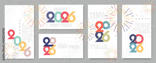 Happy New Year 2026 greeting card with fireworks and colored numbers on texture background