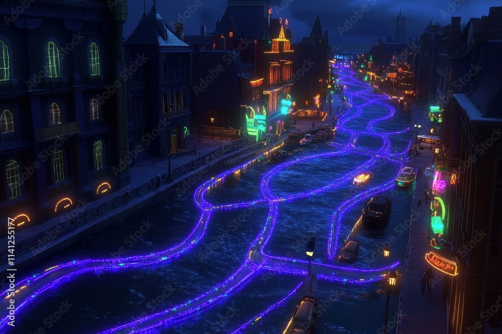 Obraz premium Vibrant Night Scene of a Canal with Illuminated Waterways and Colorful Reflections Under a Starry Sky in a Enchanted City Setting