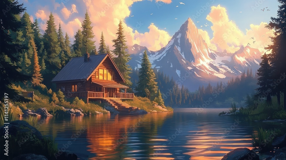 Fototapeta premium lakeside cabin serene sunset vibrant illustration landscape nature scenery mountains forest water