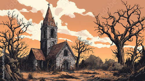 A forsaken parish surrounded by dead trees, its spire cracked and leaning. Spire. Illustration