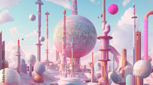 A futuristic structure resembling a planet surrounded by intricate spires and pipes. Spire. Illustration