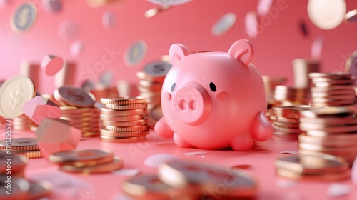 Abstract Concept of Saving Money with a Cute Pink Piggy Bank Surrounded by Coins in a Simplified and Modern Style photo