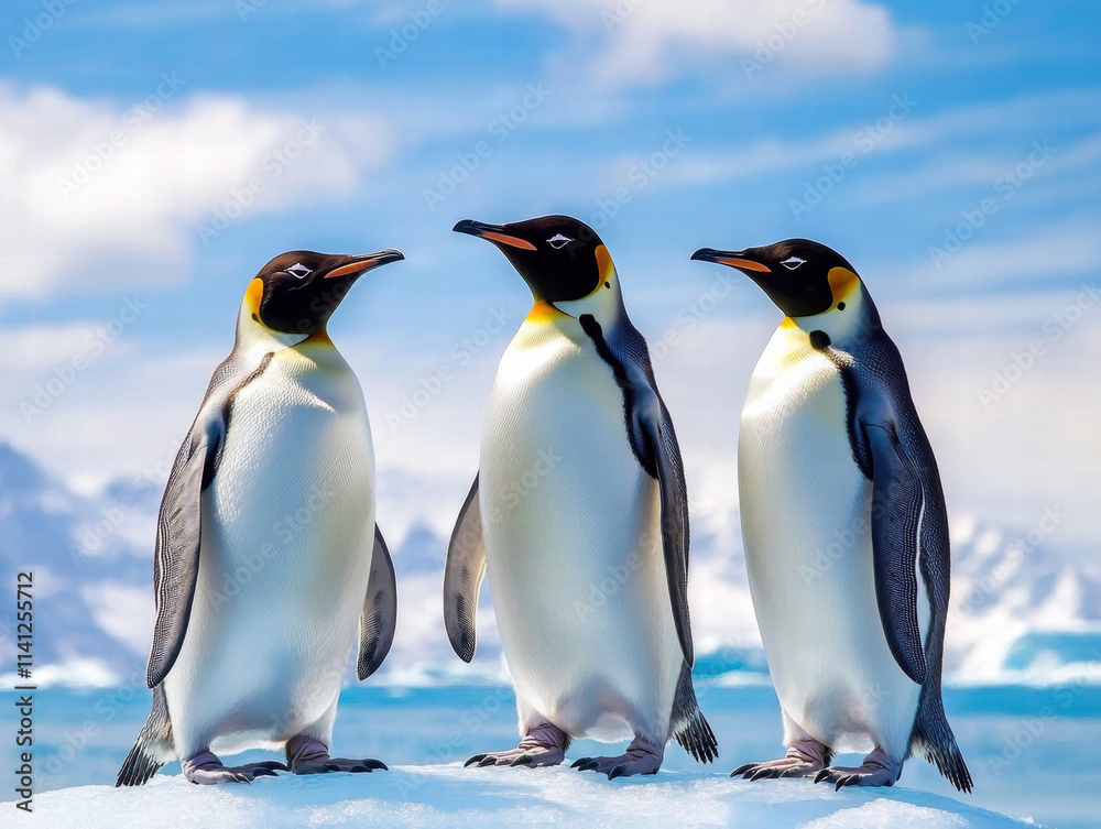 Fototapeta premium Climate change, wildlife crisis. Three emperor penguins stand together on ice in a scenic, icy landscape.