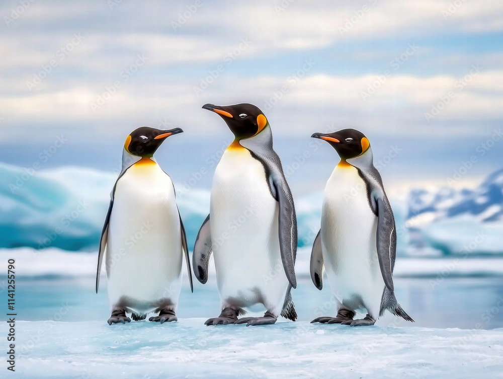 Obraz premium Climate change, wildlife crisis. Three penguins standing together on ice in a serene, icy landscape.