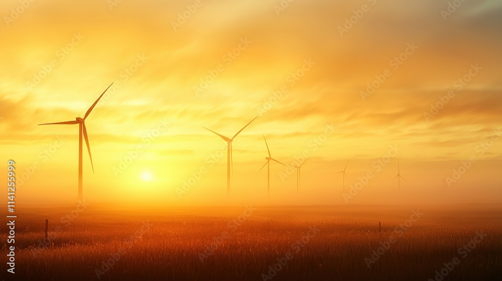 Obraz premium A wind farm at sunrise with engineers inspecting turbines and calibrating power systems